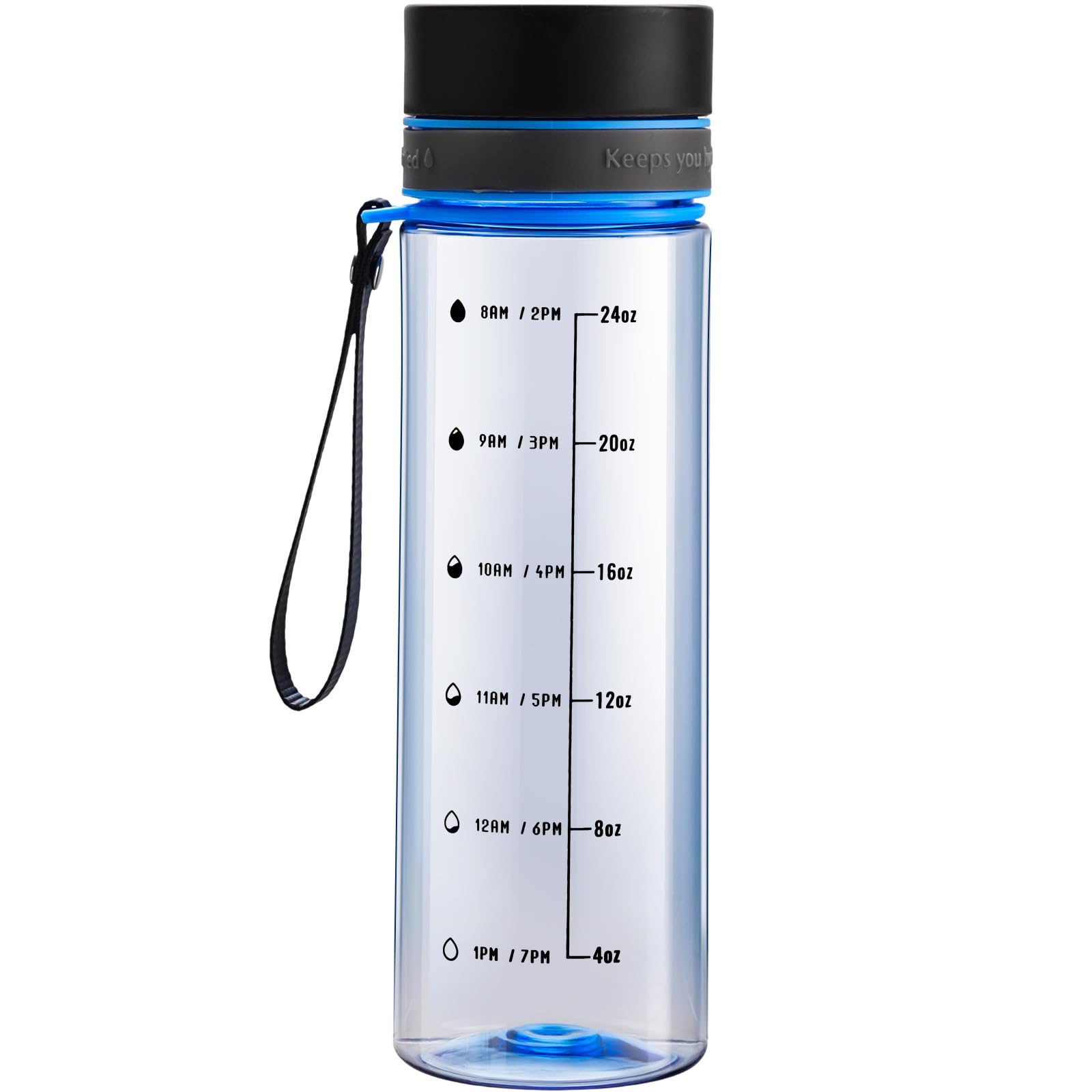 Reusable Water Bottle, 28OZ Clear Water Bottle with Time Marker, Plastic Water Bottles with Strap, Gym Water Bottles for Men, Black
