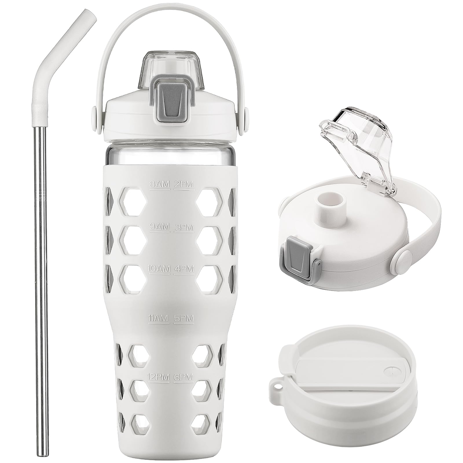 MUKOKO 64oz Glass Water Bottles with Straw and Lid,Half Gallon Water Bottle with Time Marker,Large Glass Water Jug with Silicone Sleeve and Stainless Steel Handle-Purple