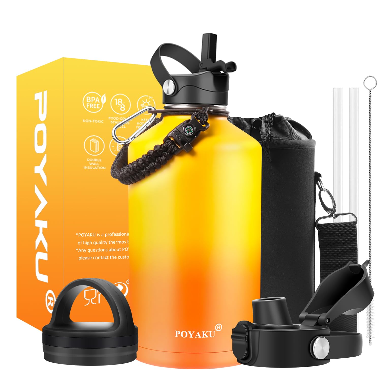 Water Bottle Insulated 32oz 40oz 64oz 128oz Straw Lid Spout Lid & 3 Lids, Leak Proof, Vacuum Insulated,Stainless Steel Water Bottle Wide Mouth for Sports, Gym or Office