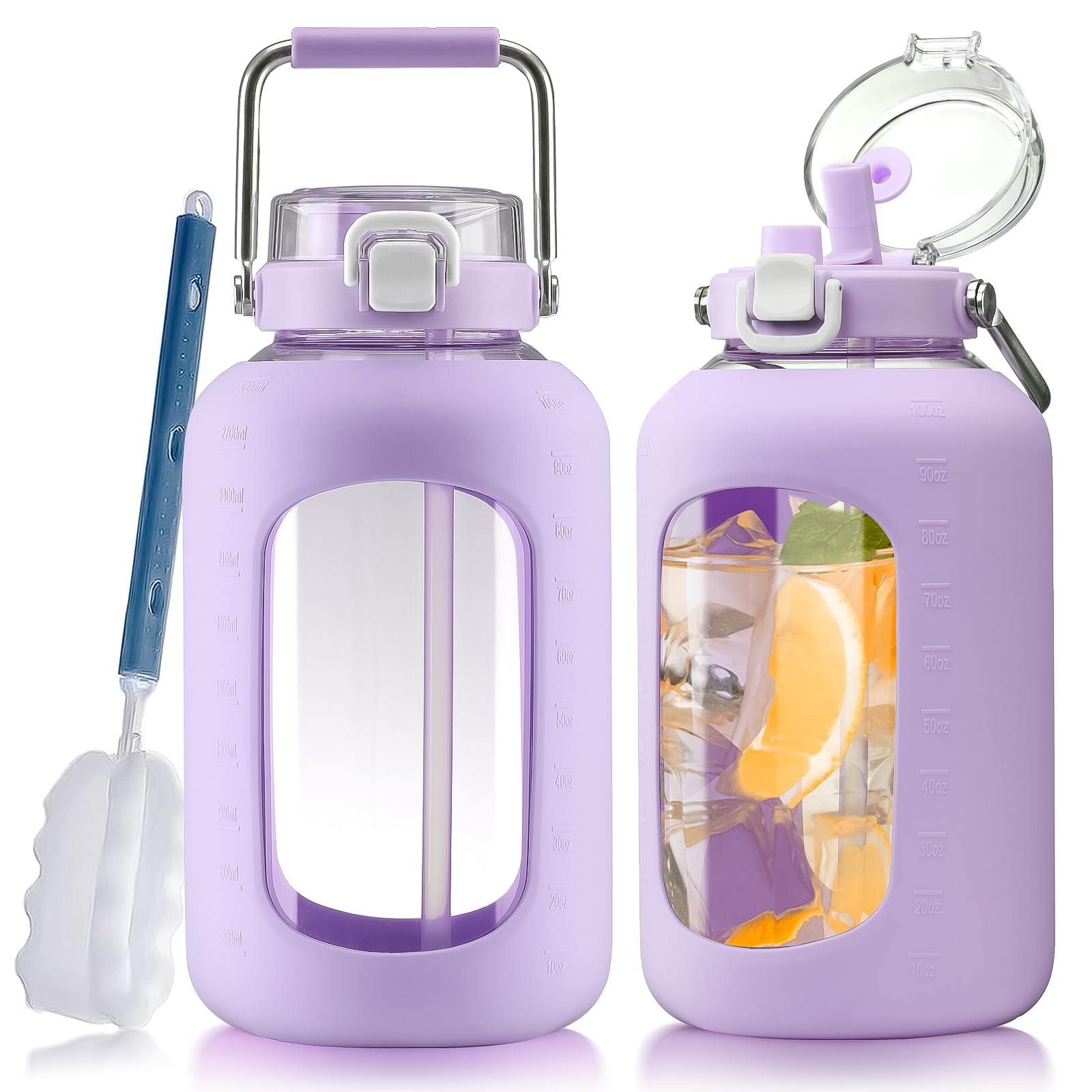 Large Glass Water Bottles with Stainless Steel Handle,100 oz Gallon Drinking Bottle with 2-in-1 Straw Lid,3 Liter Glass Water Jug with Silicone Sleeve,Wide Mouth,Light Blue