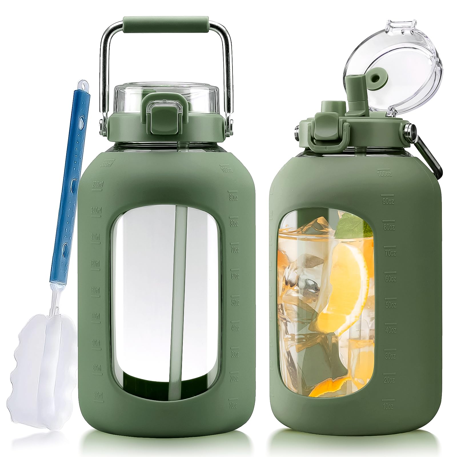 Large Glass Water Bottles with Stainless Steel Handle,100 oz Gallon Drinking Bottle with 2-in-1 Straw Lid,3 Liter Glass Water Jug with Silicone Sleeve,Wide Mouth,Light Blue