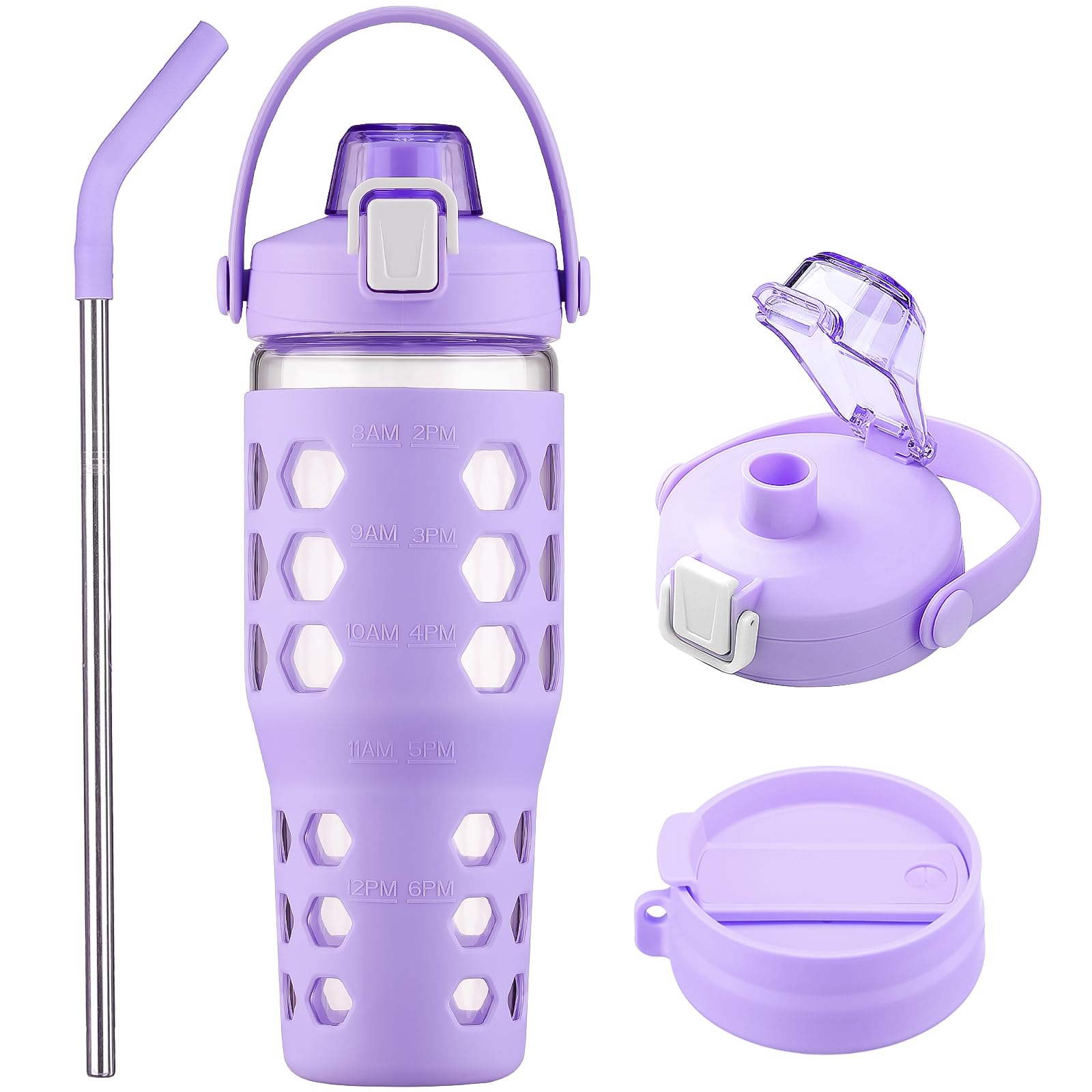 MUKOKO 64oz Glass Water Bottles with Straw and Lid,Half Gallon Water Bottle with Time Marker,Large Glass Water Jug with Silicone Sleeve and Stainless Steel Handle-Purple