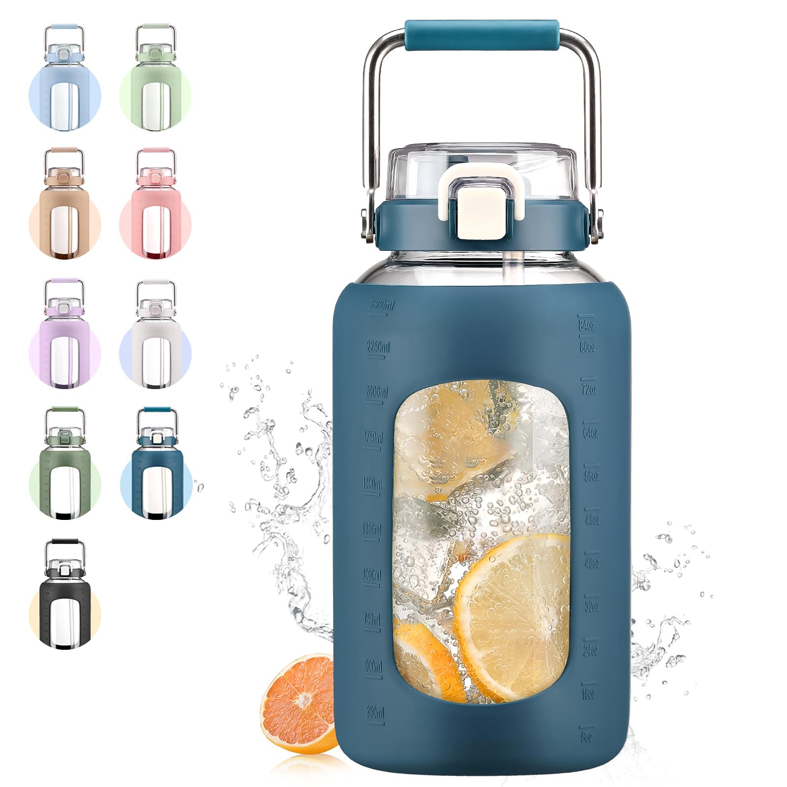 Large Glass Water Bottles with Stainless Steel Handle,100 oz Gallon Drinking Bottle with 2-in-1 Straw Lid,3 Liter Glass Water Jug with Silicone Sleeve,Wide Mouth,Light Blue