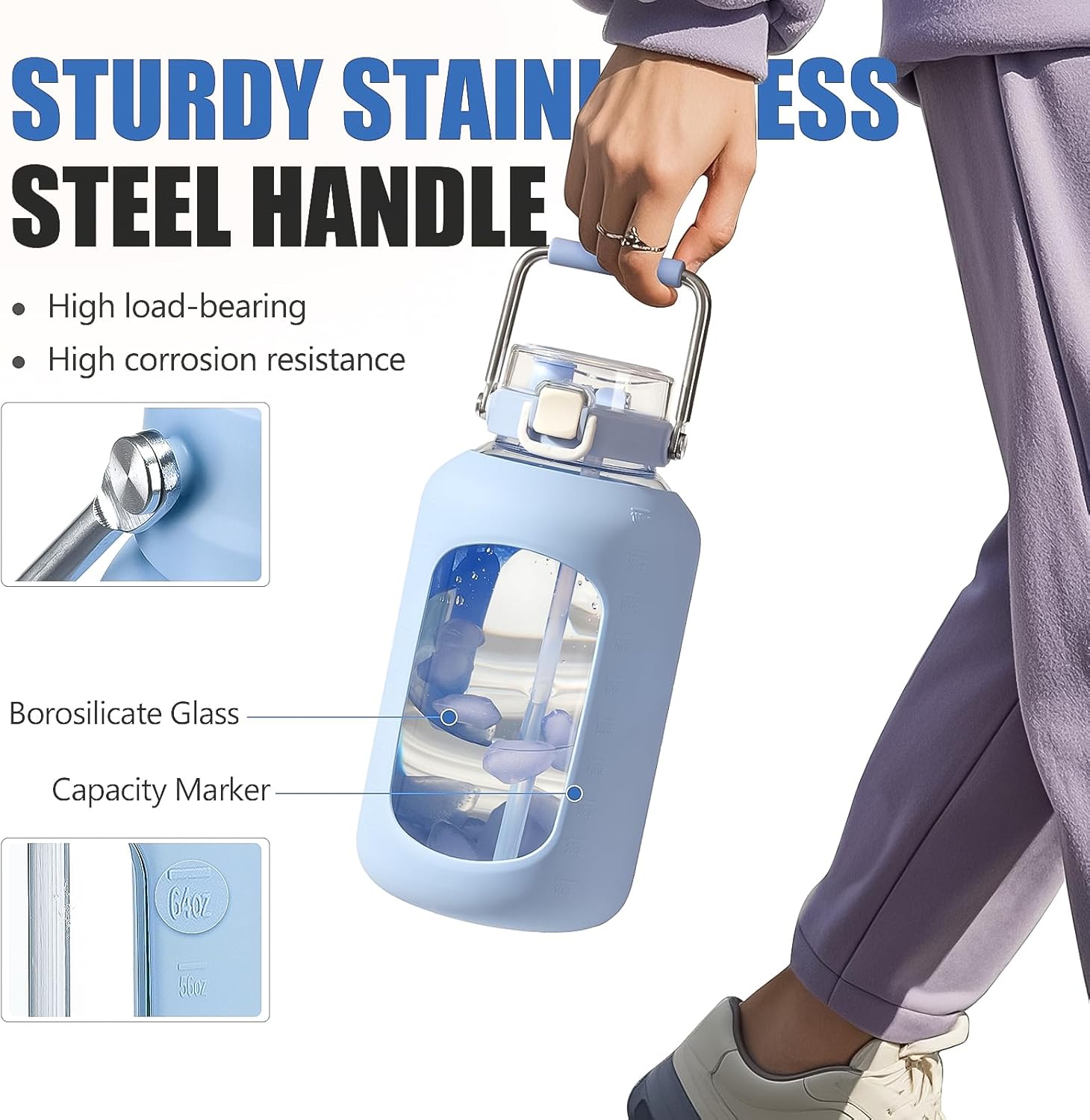 Large Glass Water Bottles with Stainless Steel Handle,100 oz Gallon Drinking Bottle with 2-in-1 Straw Lid,3 Liter Glass Water Jug with Silicone Sleeve,Wide Mouth,Light Blue