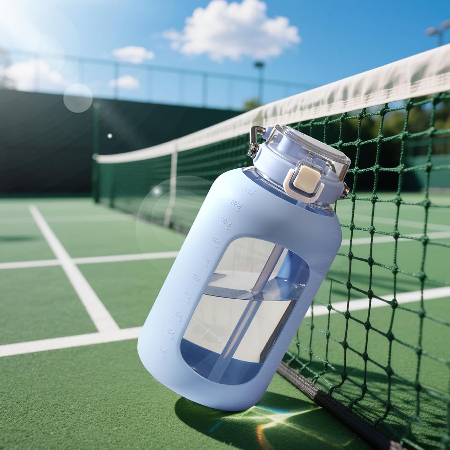 Large Glass Water Bottles with Stainless Steel Handle,100 oz Gallon Drinking Bottle with 2-in-1 Straw Lid,3 Liter Glass Water Jug with Silicone Sleeve,Wide Mouth,Light Blue