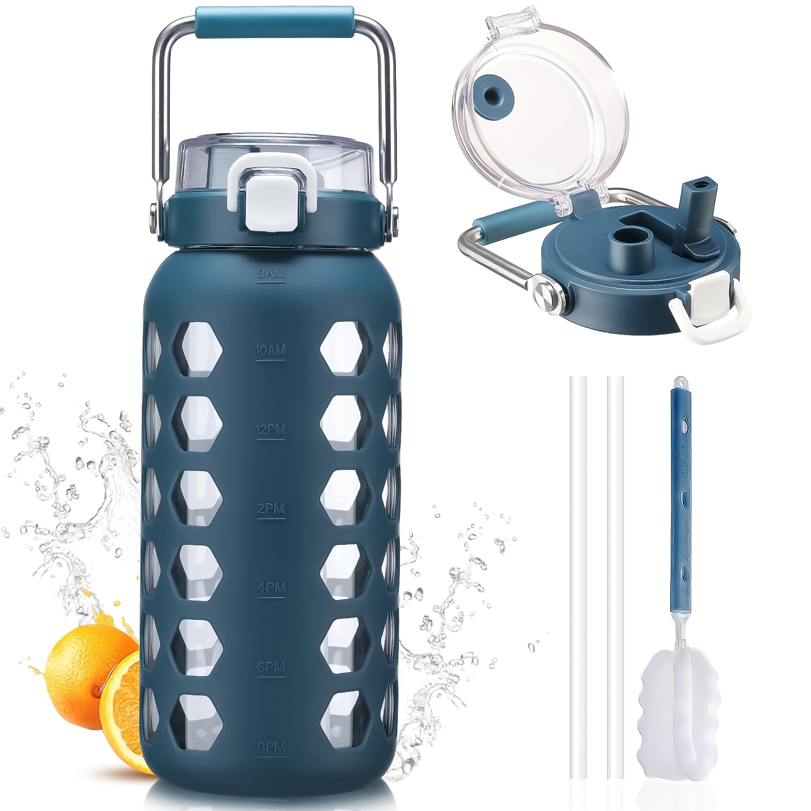 MUKOKO 64oz Glass Water Bottles with Straw and Lid,Half Gallon Water Bottle with Time Marker,Large Glass Water Jug with Silicone Sleeve and Stainless Steel Handle-Purple