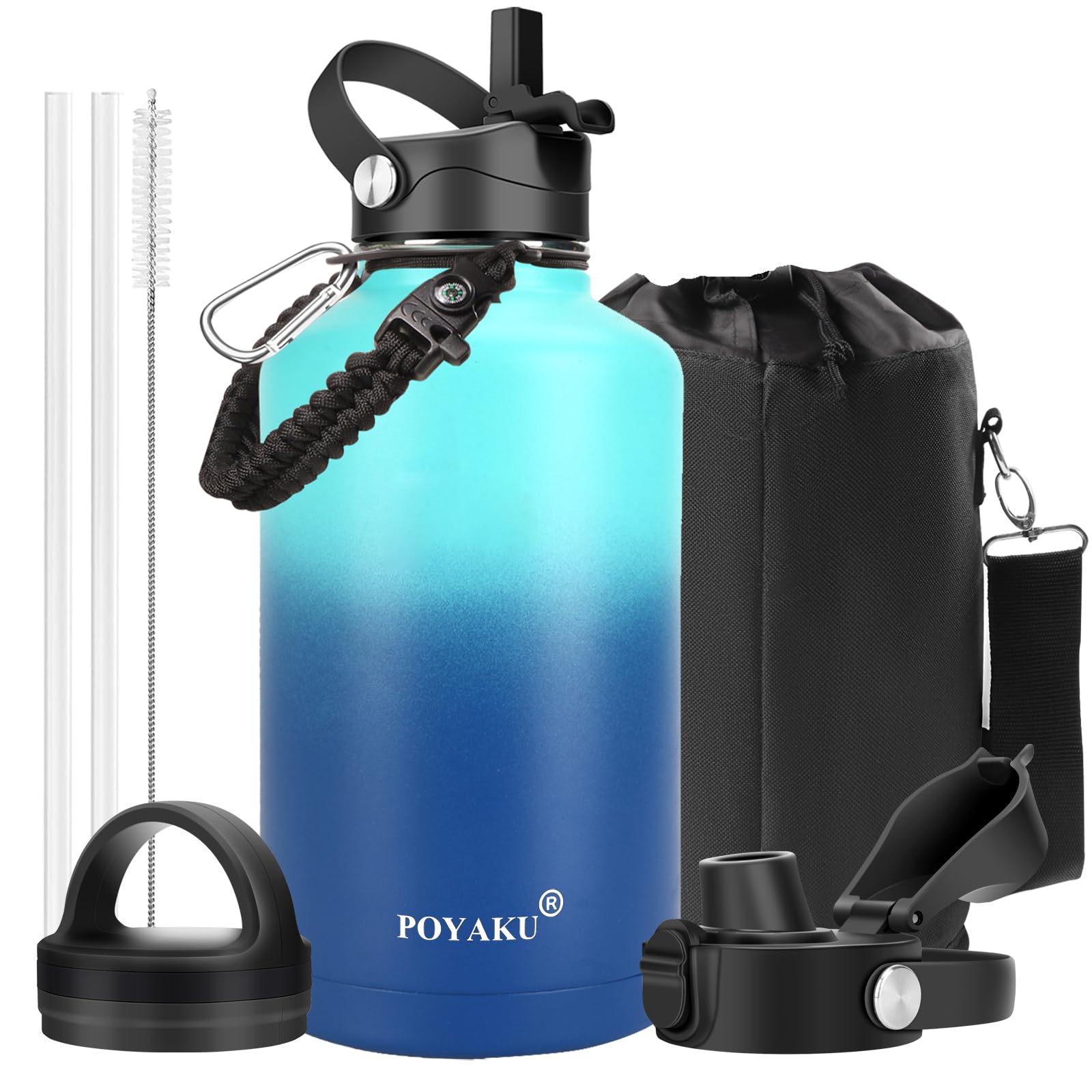 Water Bottle Insulated 32oz 40oz 64oz 128oz Straw Lid Spout Lid & 3 Lids, Leak Proof, Vacuum Insulated,Stainless Steel Water Bottle Wide Mouth for Sports, Gym or Office