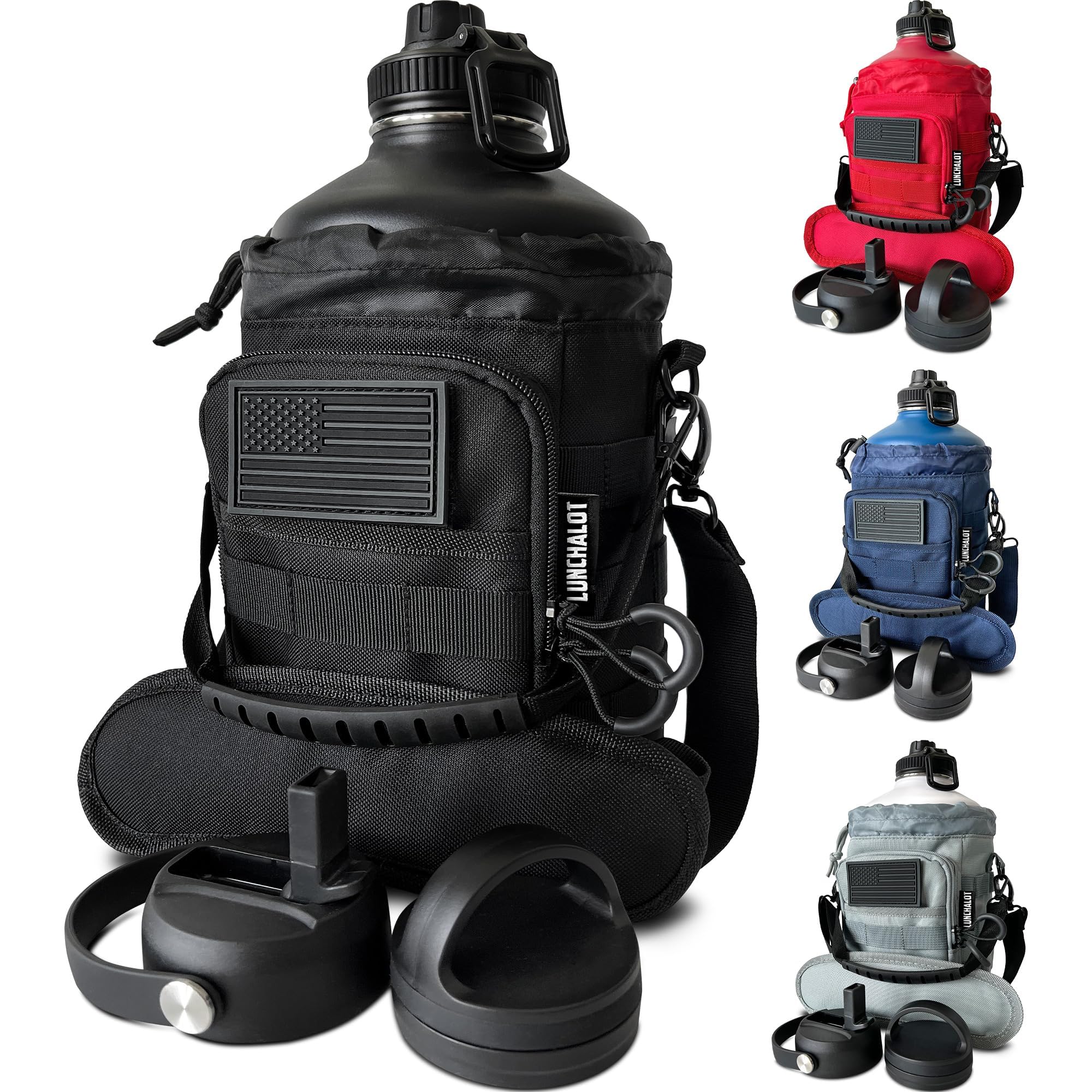 1 Gallon Water Bottle - 128 Oz Insulated Stainless Steel Metal Water Bottle with Holder - Carrying Bag - Spout Handle - Straw Lids - Keep Cold & Hot - Grey Tactical Flask