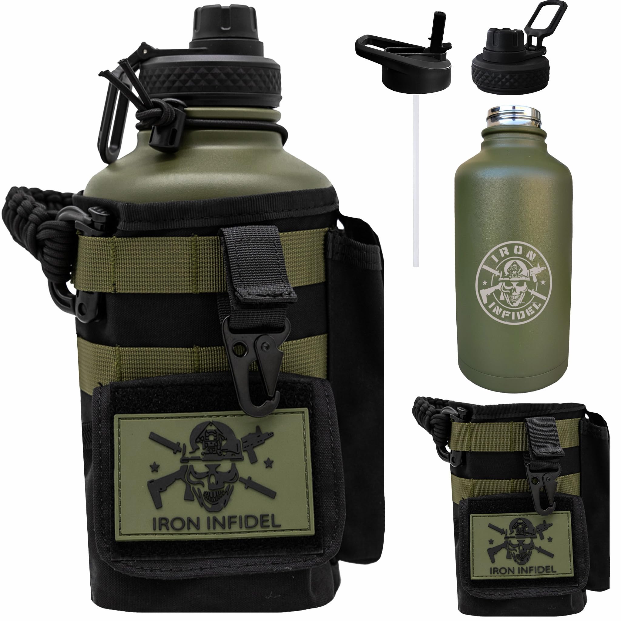 Iron Infidel Battle Bottle - One Gallon Insulated Water Bottle with Dual Carry Handles - 128 oz Tactical Stainless Steel Water Jug & Rugged Extra Large Sleeve With Storage (Betsy 128 Ounces)