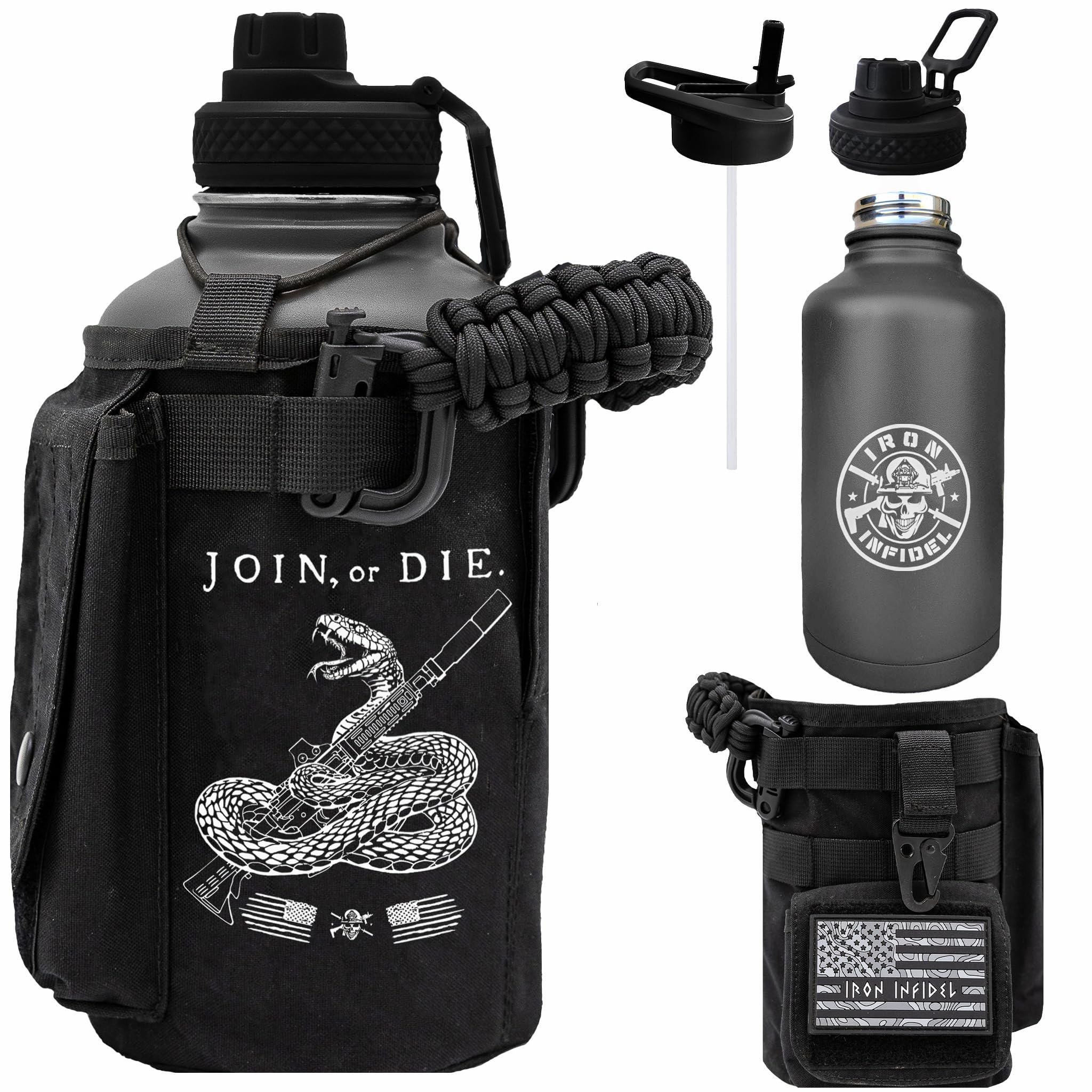 Iron Infidel Battle Bottle - Half Gallon Insulated Water Bottle with Paracord Handle - Large 64 oz Stainless Steel Water Jug & Rugged, Removable Sleeve For Keys, Wallet, Phone (OCP Camo 2 Liter)