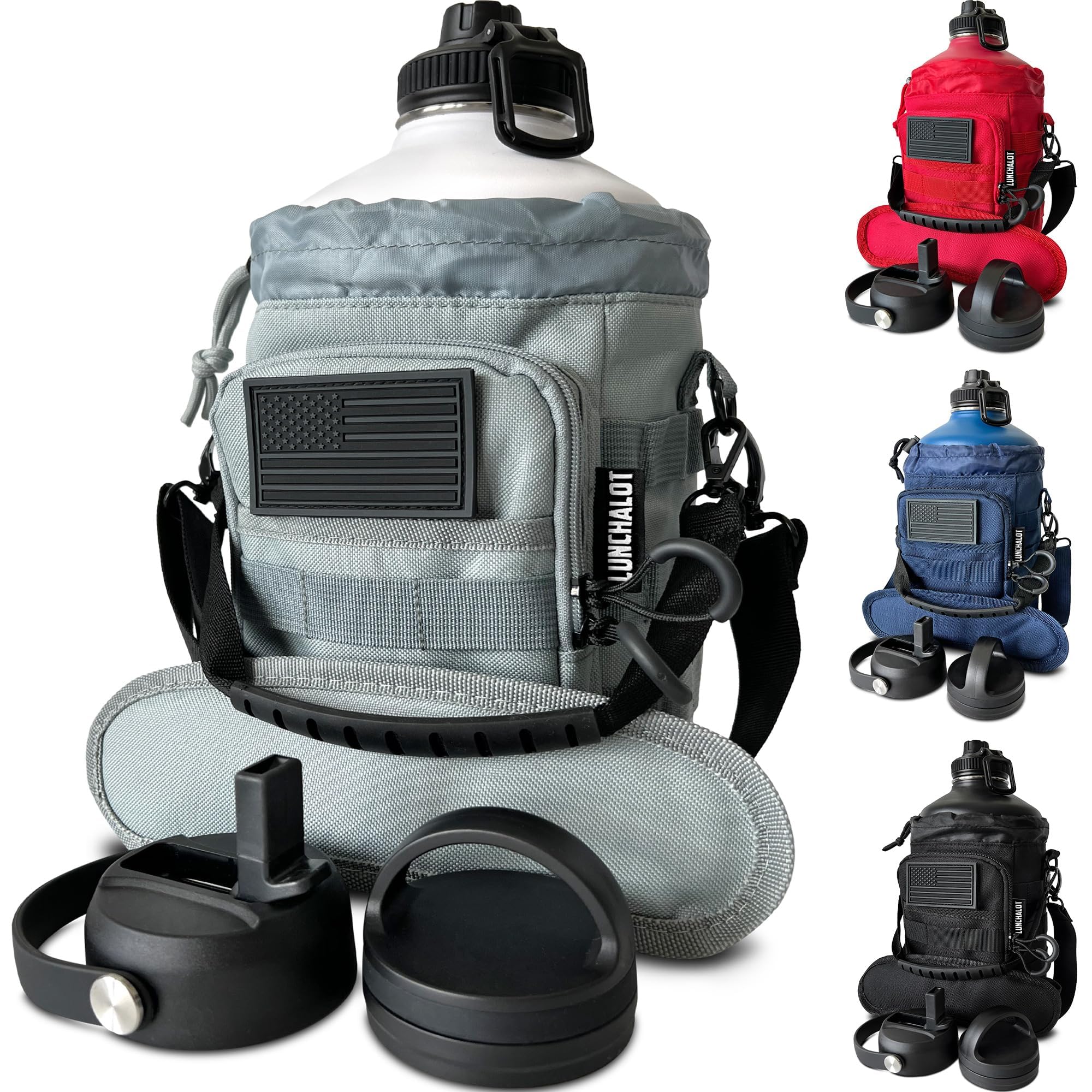 1 Gallon Water Bottle - 128 Oz Insulated Stainless Steel Metal Water Bottle with Holder - Carrying Bag - Spout Handle - Straw Lids - Keep Cold & Hot - Grey Tactical Flask