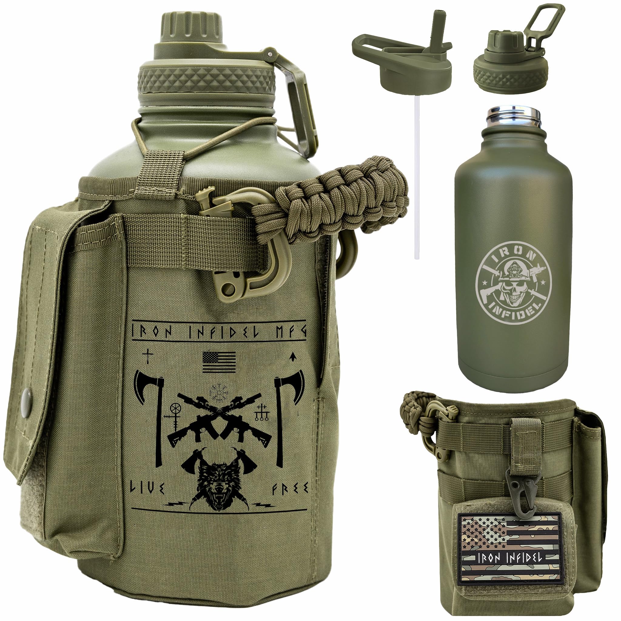 Iron Infidel Battle Bottle - Half Gallon Insulated Water Bottle with Paracord Handle - Large 64 oz Stainless Steel Water Jug & Rugged, Removable Sleeve For Keys, Wallet, Phone (OCP Camo 2 Liter)